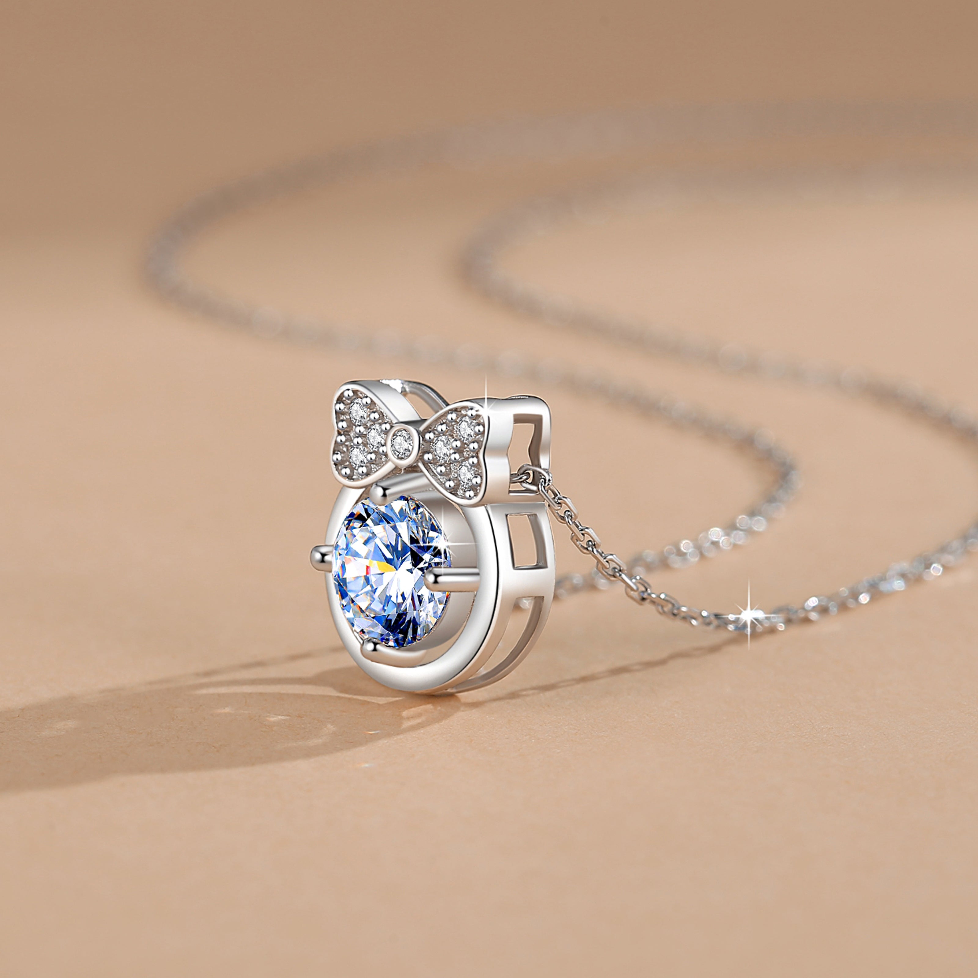 Handmade Sterling Silver Necklace Bow Tie Moissanite Pendant With Gift Wrapped Box For Her Woman Wife Girlfriend Daughter Present For Birthday Valentine Wedding Anniversary