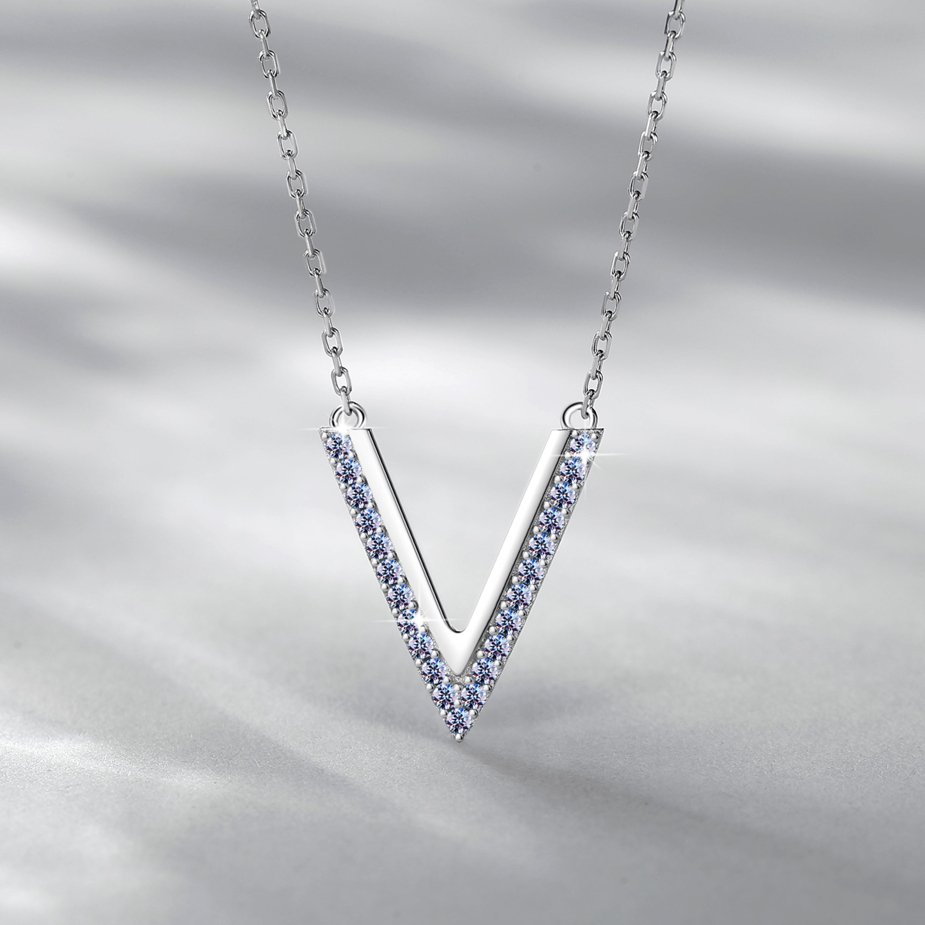 Handmade Sterling Silver Necklace Minimalist V Shape Moissanite Pendant With Gift Wrapped Box For Her Woman Wife Girlfriend Daughter Present For Birthday Valentine Wedding Anniversary