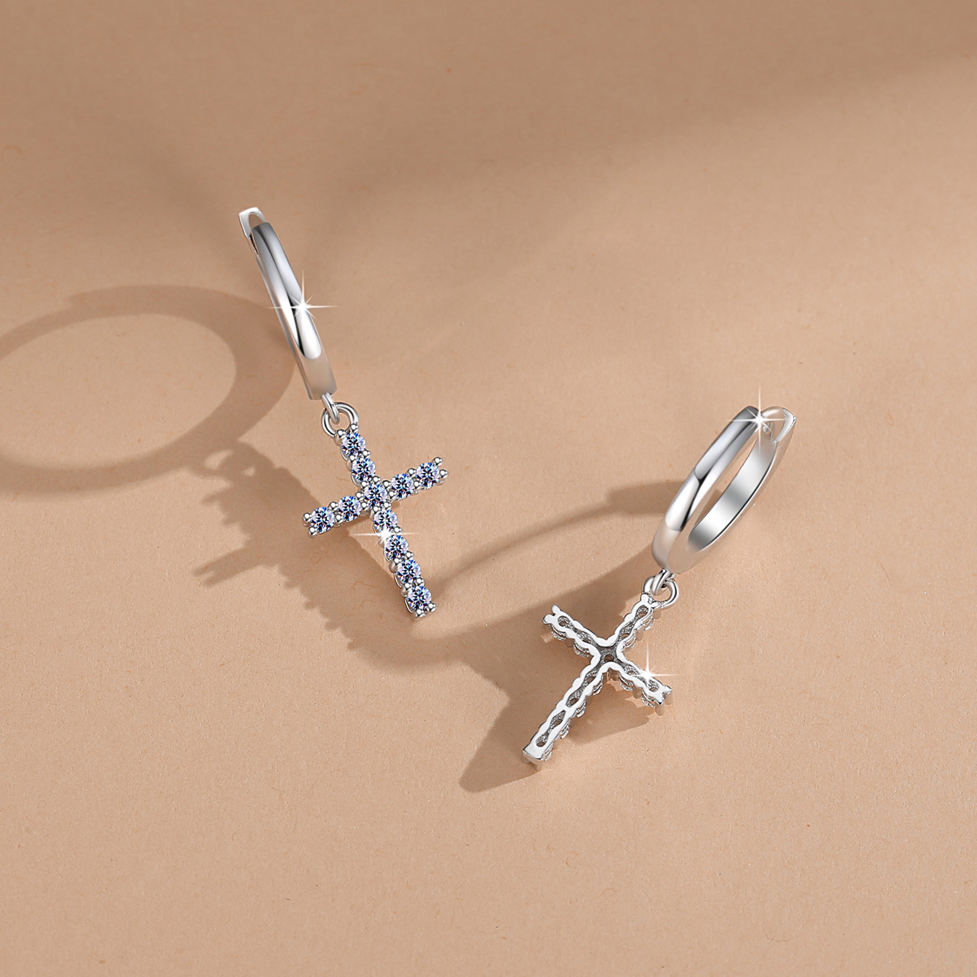 Handmade Sterling Silver Earrings Moissanite Cross Shape Dangle With Gift Wrapped Box For Her Woman Wife Girlfriend Daughter Present For Birthday Valentine Wedding Anniversary