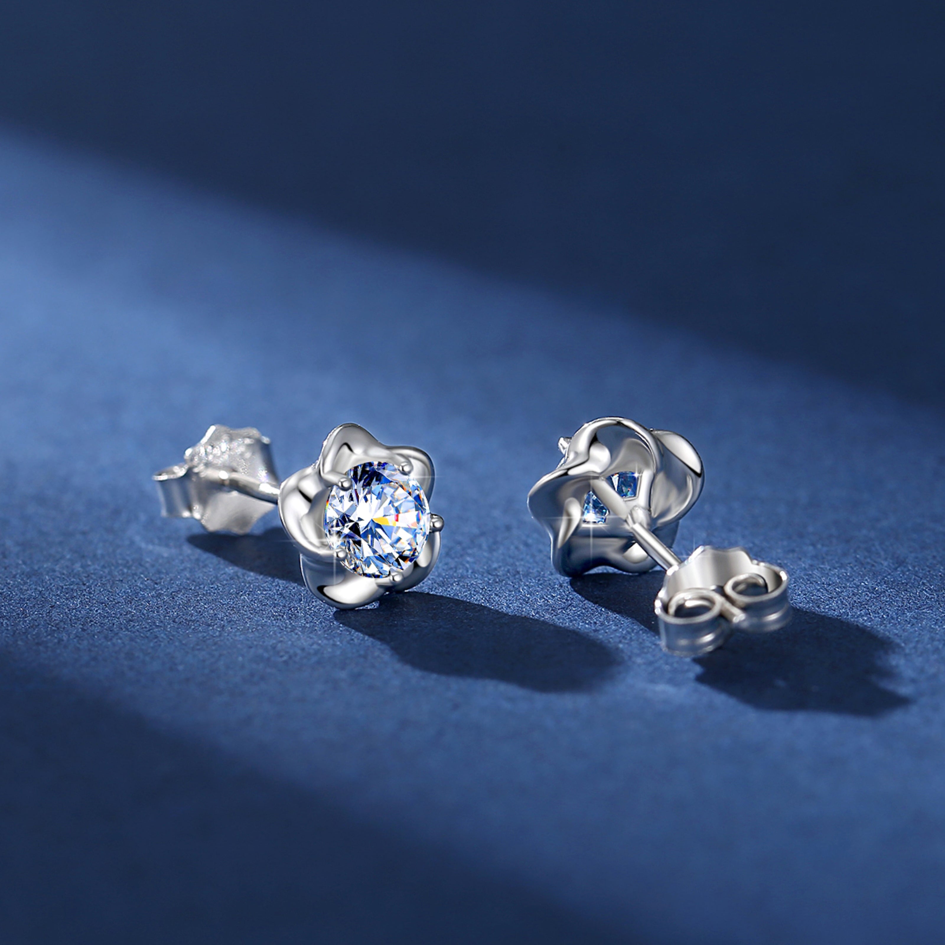 Handmade Sterling Silver Earrings Moissanite Flower Shape Stud With Gift Wrapped Box For Her Woman Wife Girlfriend Daughter Present For Birthday Valentine Wedding Anniversary