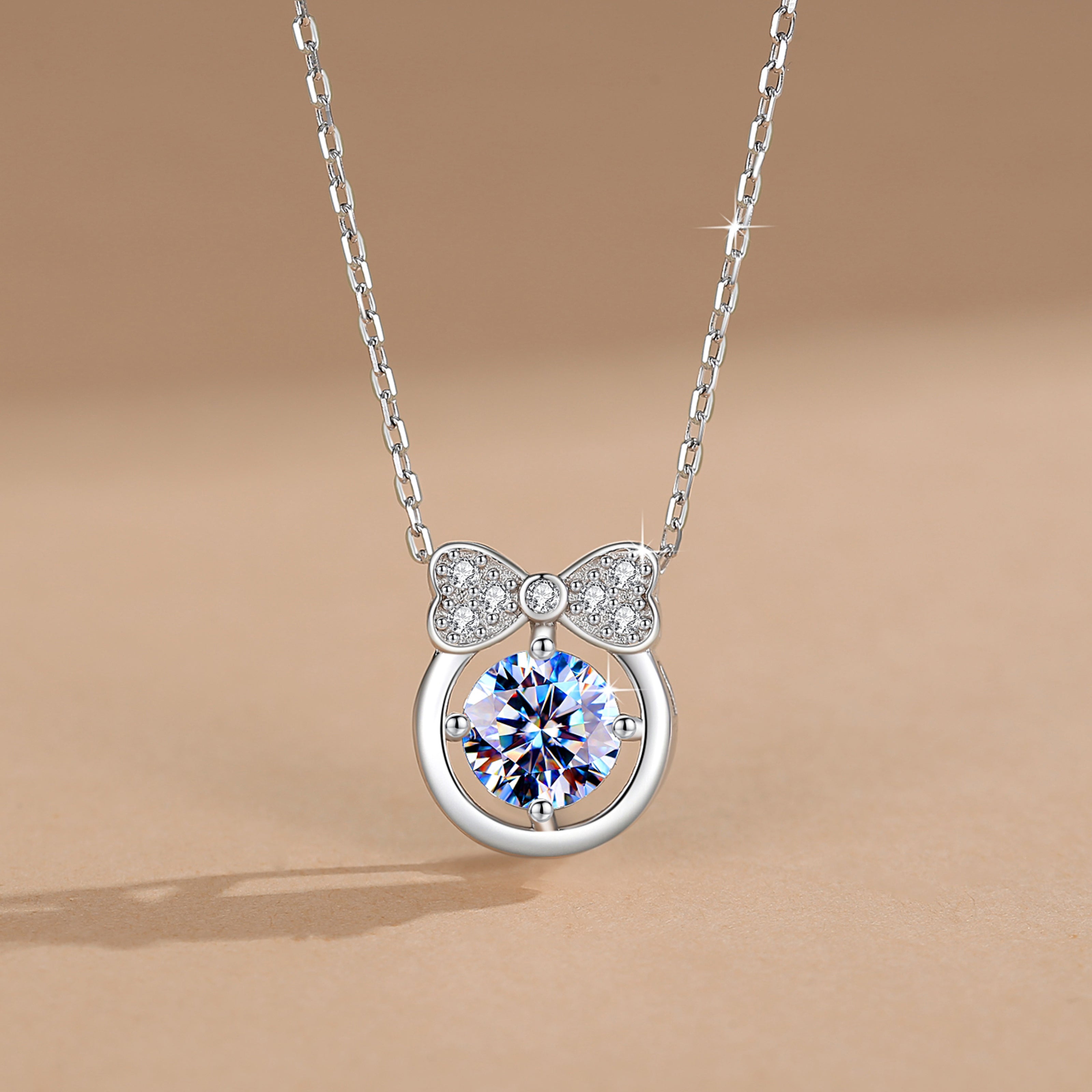 Handmade Sterling Silver Necklace Bow Tie Moissanite Pendant With Gift Wrapped Box For Her Woman Wife Girlfriend Daughter Present For Birthday Valentine Wedding Anniversary